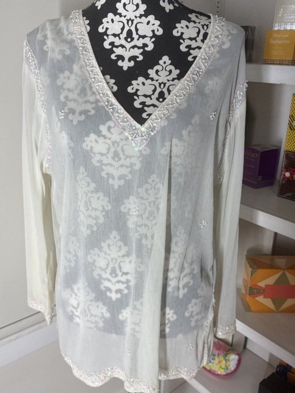 cha cha vente XL OFF WHITE SHEER V-NECK TUNIC TOP BEADS 100% Silk Chiffon
